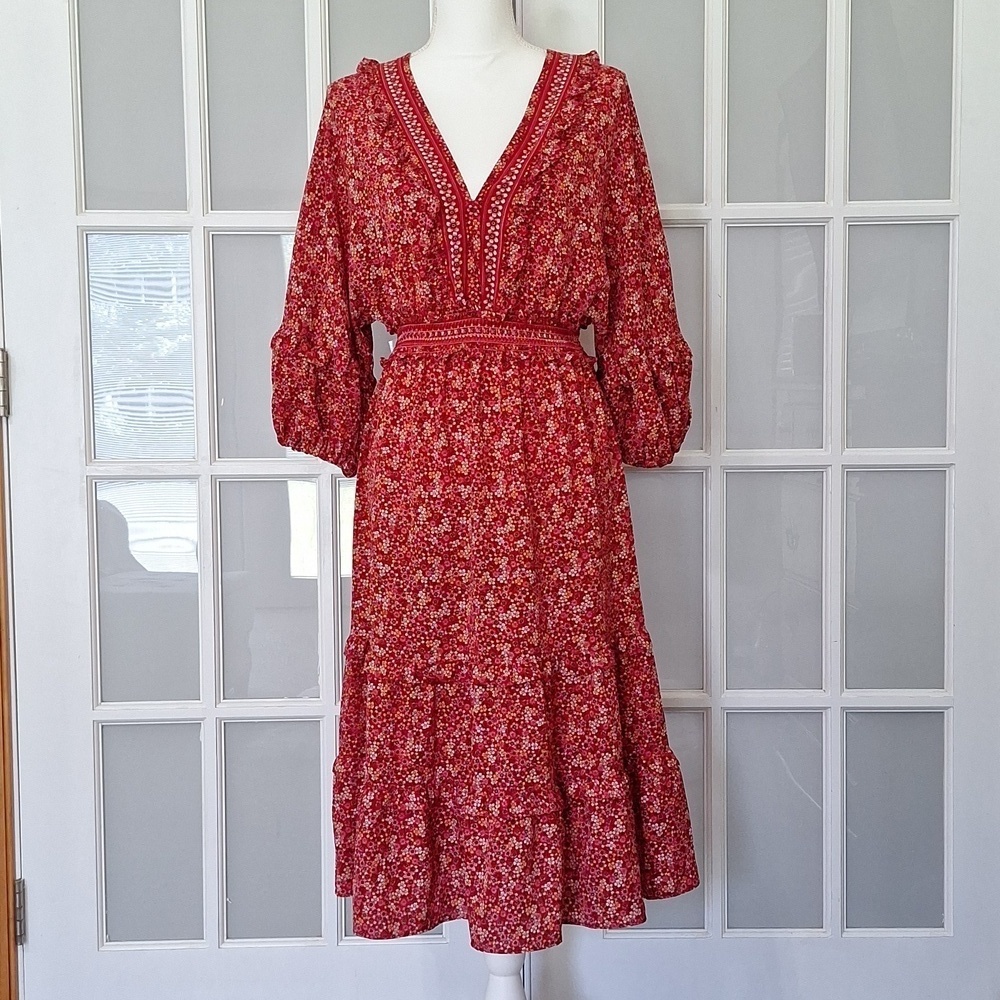 Max Studio Floral V-neck Midi Dress with Balloon Sleeves